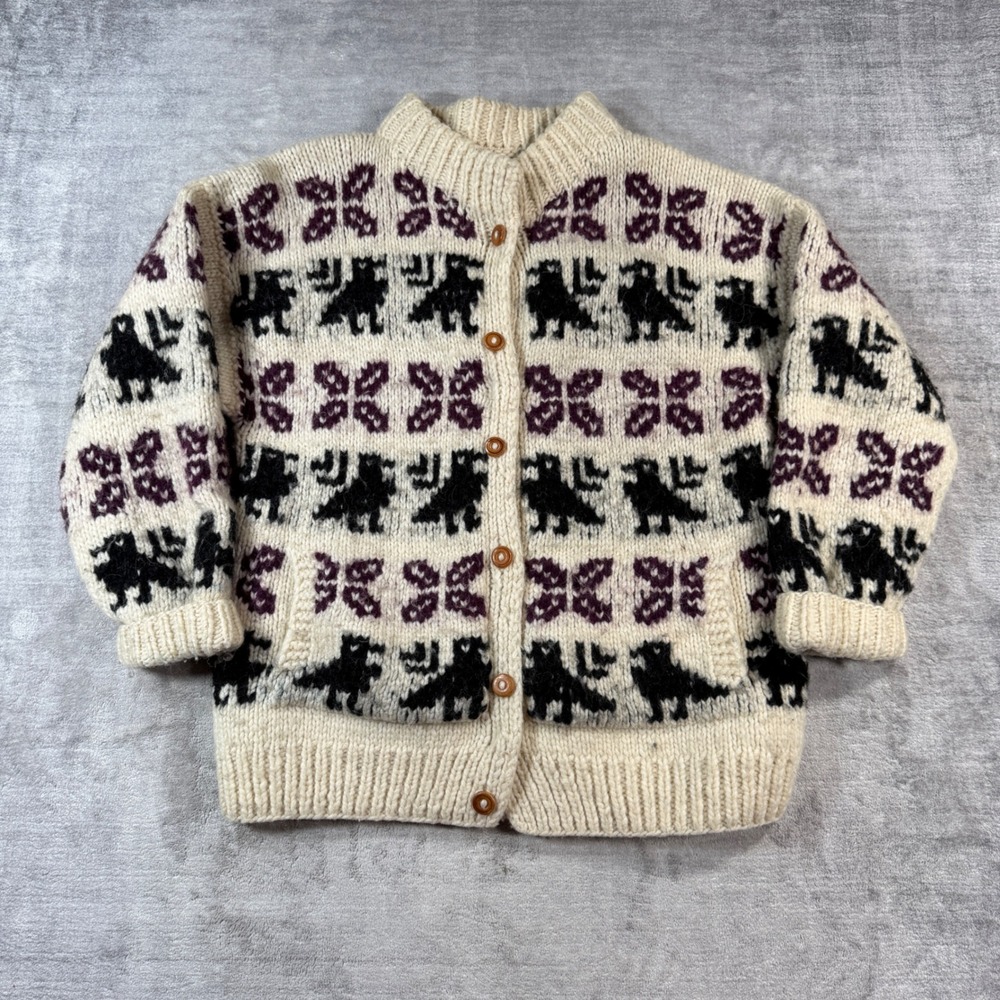 Vintage Wool Sweater Womens Large Cream Bird Intarsia Hand Knit Ecuador Boho